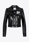 Courrèges Glossy Black Coat With High Collar And Logo Detailing In Green