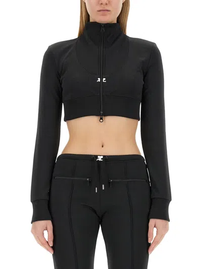 Courrèges Courreges Logo-embroidered Cropped Zip-up Jacket In Black