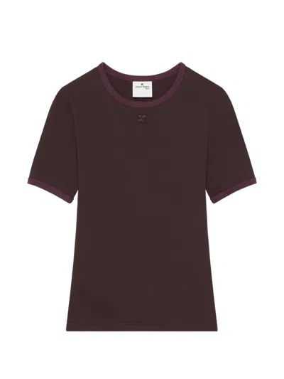 Courrèges Logo-patch Contrast-trim T-shirt In Brown