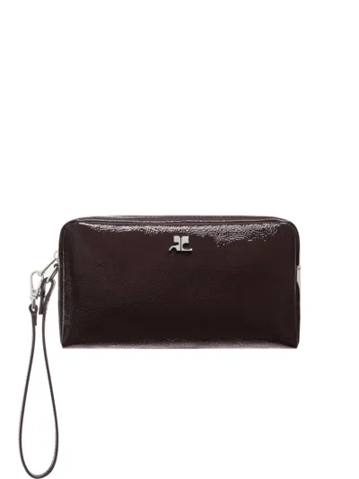 Courrèges Logo-plaque Patent-leather Wash Bag In Brown