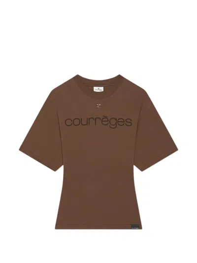 Courrèges Short Sleeve Crew Neck Nylon Silk Top In Brown
