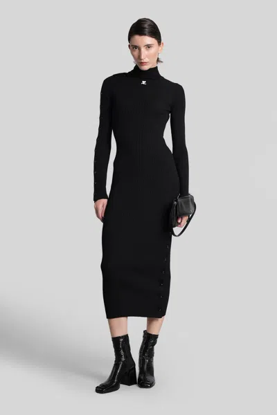 Courrèges Embroidered Ribbed-knit Midi Turtleneck Dress In Black