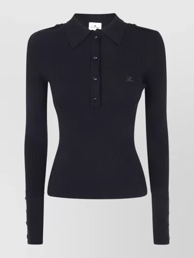 Courrèges Long Sleeve Rib Knit Polo Sweater In Black