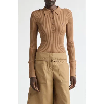 Courrèges Long Sleeve Rib Polo Sweater In Brown