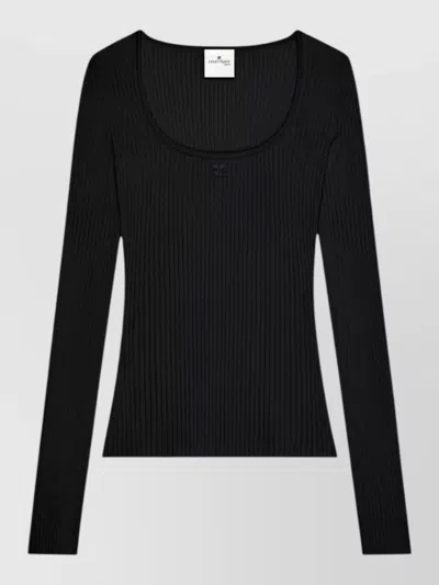 Courrèges Long Sleeve Scoop Neck Ribbed Top In Black