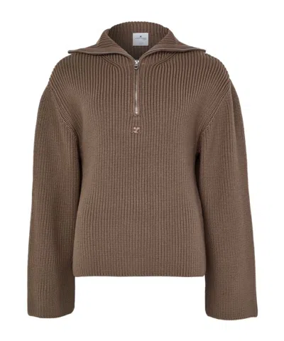 Courrèges Ribbed Wool Trucker Sweater In Brown