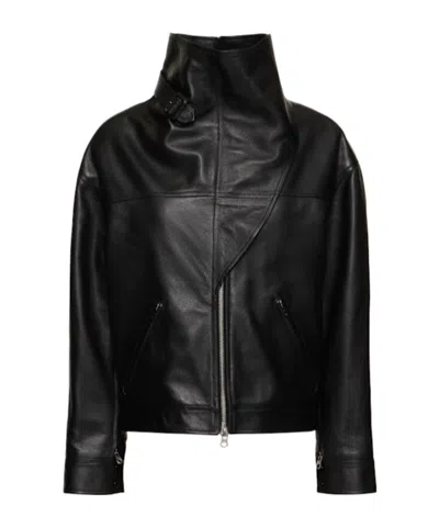 Courrèges Long-sleeved Leather Jacket In Black