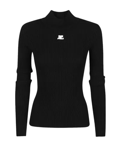 Courrèges Mockneck Rib Knit Sweater In Black