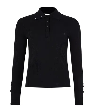 Courrèges Long-sleeved Knitted Polo Shirt In Black