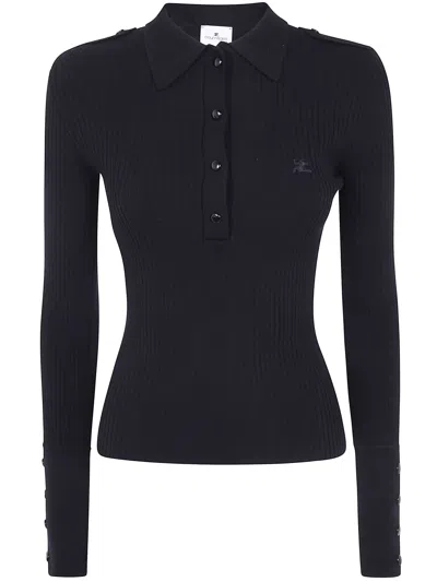 Courrèges Maglione A Maniche Lunghe "rib Knit Ls Polo Sweater" In Black