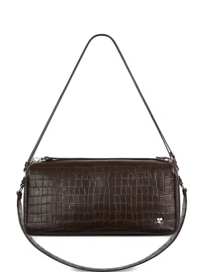 Courrèges Medium Three Sixty Croc-embossed Shoulder Bag In Red