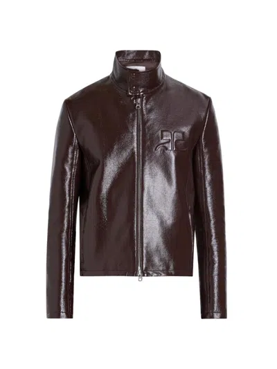 Courrèges Men's Zipped Vinyl Biker Jacket In Burgundy