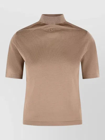 Courrèges Merino Wool Mock Neck Ribbed Short Sleeve In Brown