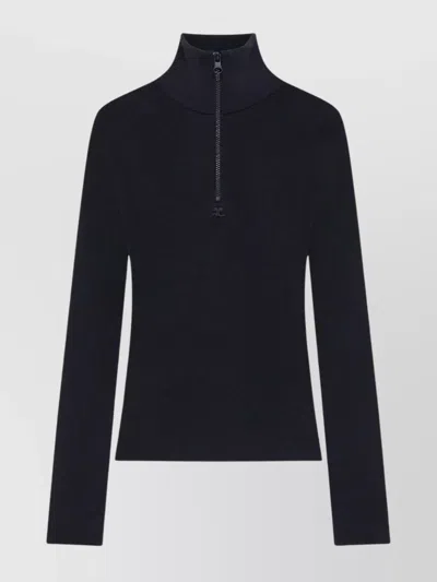 Courrèges Merino Wool Zip Mock Neck Sweater In Black