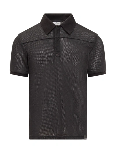 Courrèges Mesh Fabric Polo Shirt In Black