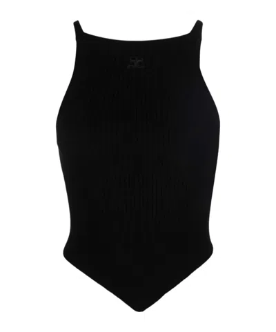 Courrèges Mesh Tips Ribbed-knitted Tank Top In Black