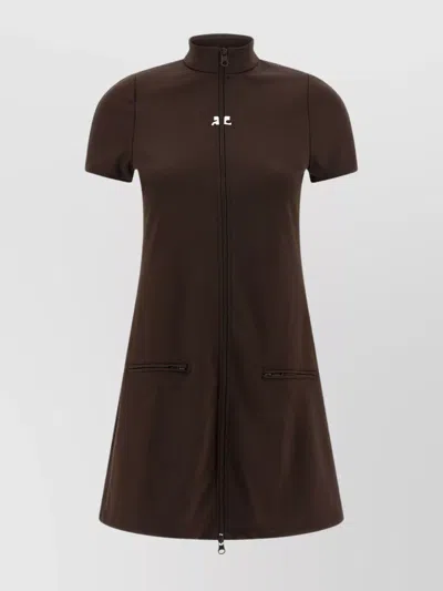 Courrèges Mini Dress With High Collar And Pockets In Brown
