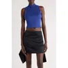 Courrèges Mock Neck Light Ribbed Cotton Top In Blue