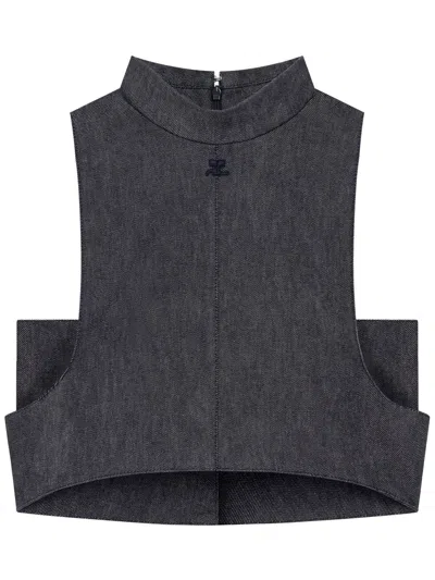 Courrèges Mock-neck Denim Top In Grey