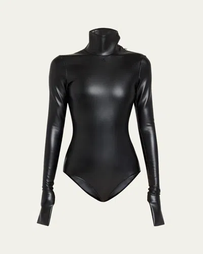 Courrèges Mock-neck Faux-leather Long-sleeve Bodysuit In Black