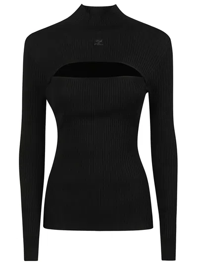 Courrèges Mock Neck Fitted Ribbed Cut-out Sweater In Black
