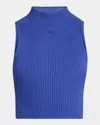 Courrèges Mock Neck Light Ribbed Cotton Top In Blue