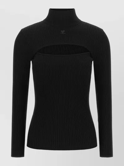 Courrèges Mock Neck Ribbed Sweater Slim Fit Cutouts In Black