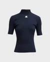 Courrèges Embroidered Logo Mock Neck Rib Sweater In Blue