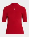 Courrèges Mock-neck Short-sleeve Rib Pullover In Red
