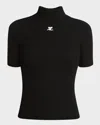 Courrèges Mock-neck Short-sleeve Rib Pullover In Black
