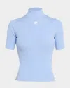 Courrèges Mock-neck Short-sleeve Rib Pullover In Blue