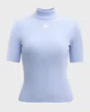 Courrèges Mock-neck Short-sleeve Rib Pullover In Blue