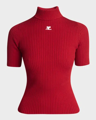 Courrèges Mock-neck Short-sleeve Rib Pullover In Brown