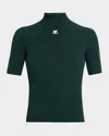 Courrèges Embroidered Logo Mock Neck Rib Sweater In Vert Fonce
