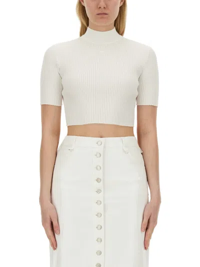 Courrèges Mockneck Rib Knit Cropped Top In White