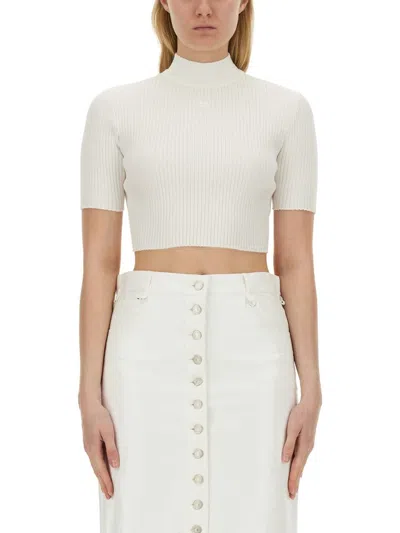 Courrèges Mockneck Rib Knit Cropped Top In White