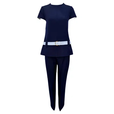 Pre-owned Courrèges Mod Navy Blue Wool Pantsuit With Patent White Belt, 1960s