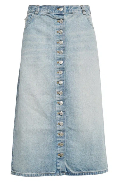 Courrèges Multiflex Button Front Nonstretch Denim Midi Skirt In Light Blue Wash