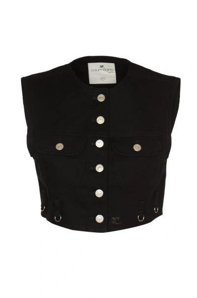 Courrèges Multiflex Cropped Cotton Denim Vest In Black