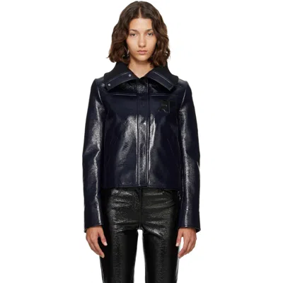 Courrèges Navy High Collar Vinyl Jacket In Blue