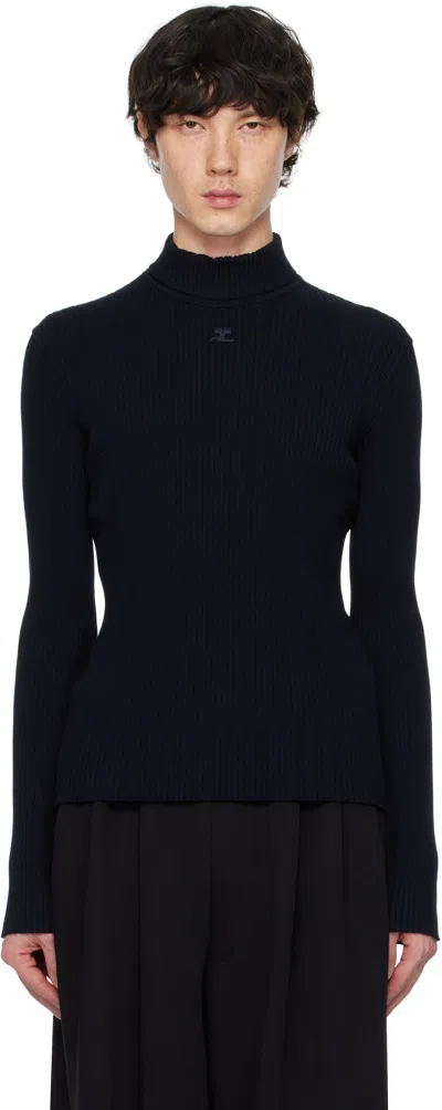Courrèges Navy Reedition Rib Knit Mock Neck Sweater
