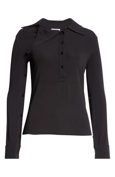 Courrèges Oblique Crepe Jersey Long Sleeve Polo In Black