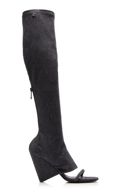 Courrèges Oblique Wedged Denim Boots In Grey