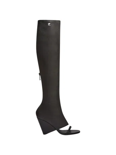 Courrèges Oblique Wedged Leather Open Toe Boots Black