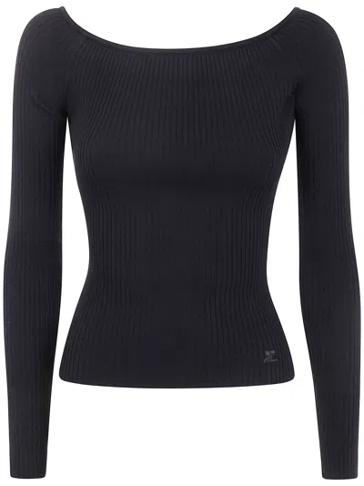 Courrèges Off Shoulder Rib Knit Top In Black