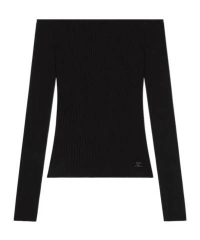 Courrèges Off-shoulder Ribbed-knit Top In Black