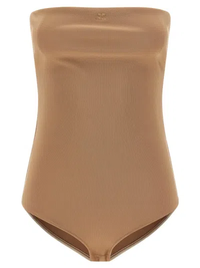 COURRÈGES OFF-THE-SHOULDER LINGERIE-INSPIRED BODYSUIT WITH LOGO EMBROIDERY