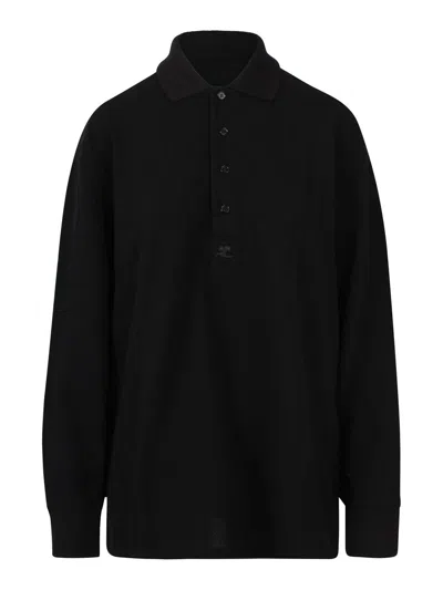 Courrèges Oversized Polo Shirt With Embroidered Logo In Black