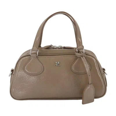 Courrèges Patent Calfskin Shoulder Bag In Taupe
