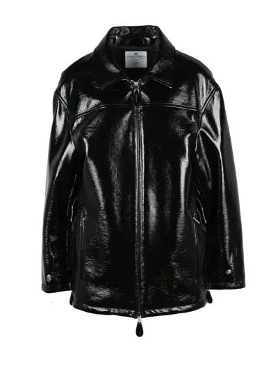 Courrèges Patent Finish Black Jacket With Zippered Pockets And Structured Collar
